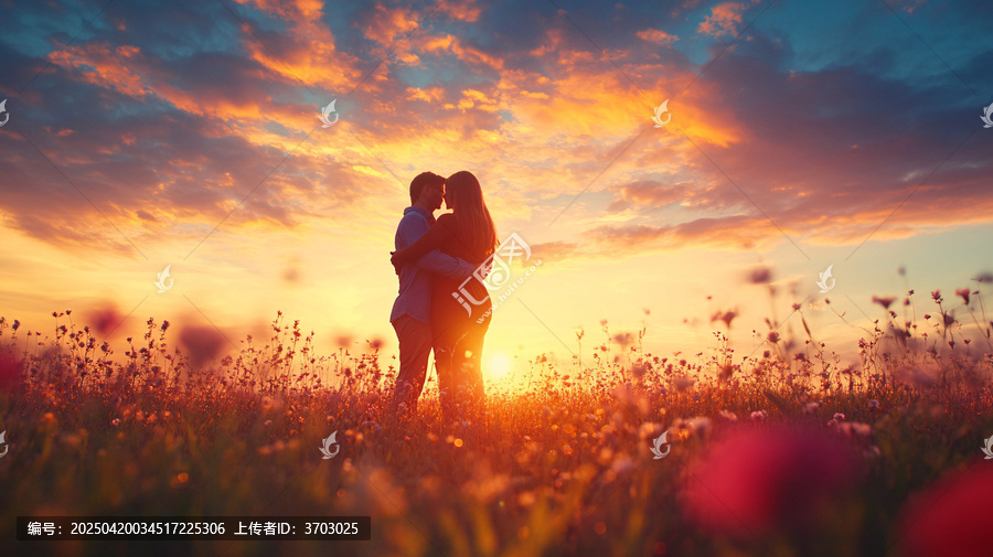 戀人相擁夕陽下