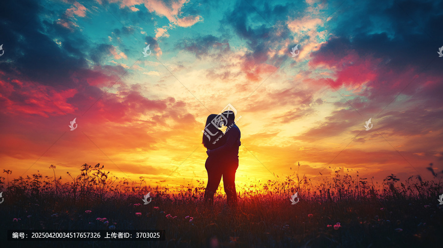 戀人相擁夕陽下
