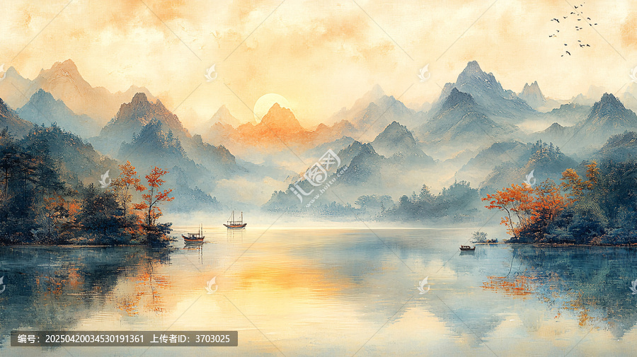 山水湖面小舟圖
