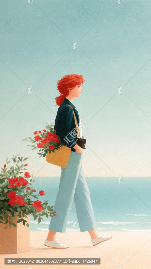海灘漫步的紅發(fā)女子