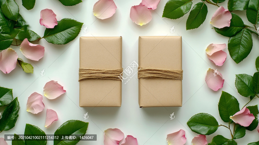 花瓣與綠葉環(huán)繞禮盒