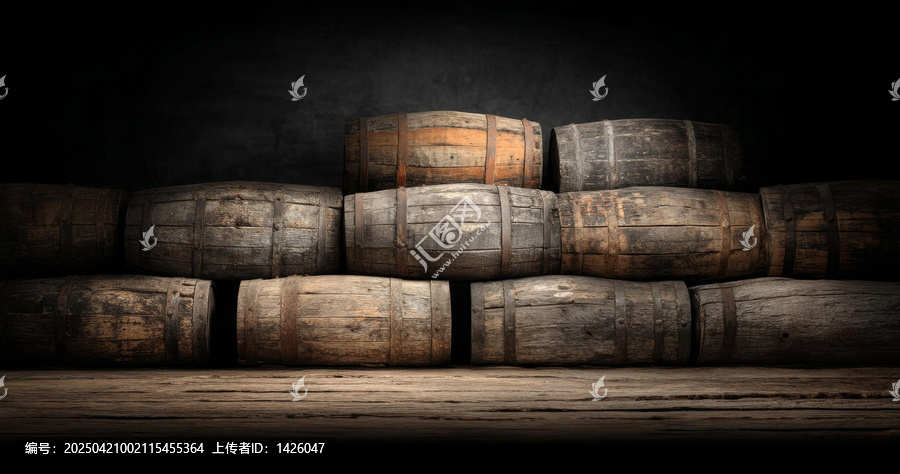 酒桶堆疊的復(fù)古酒窖場(chǎng)景