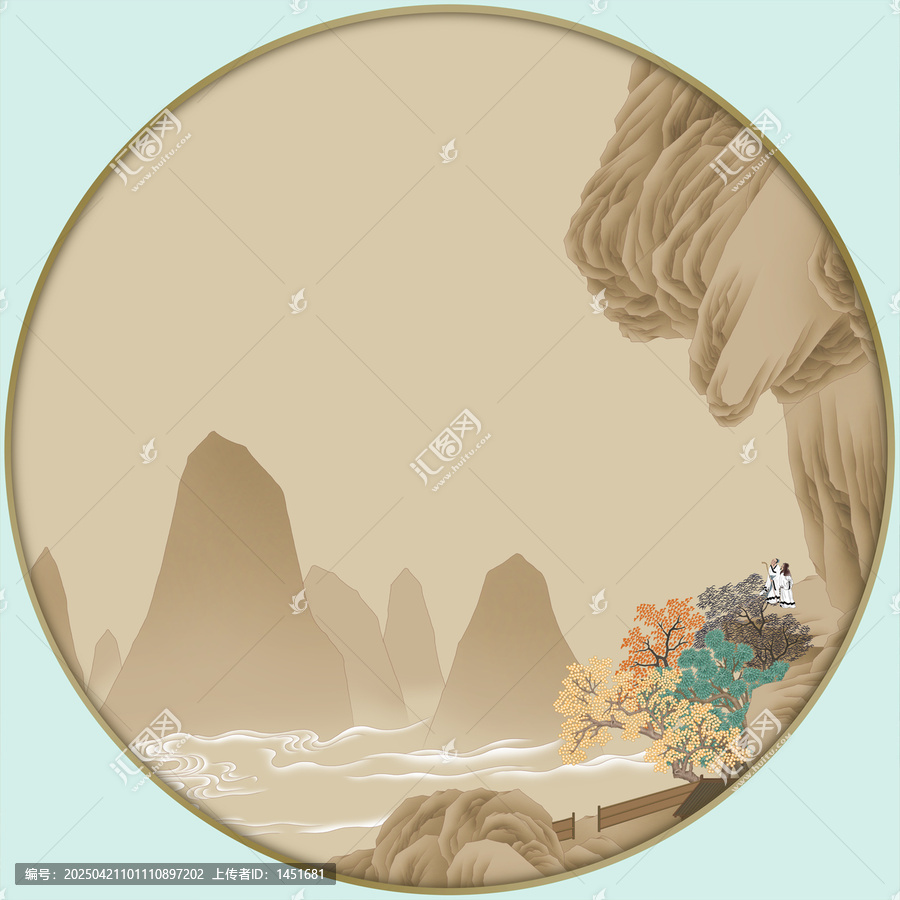 手繪仿古山水鏡心