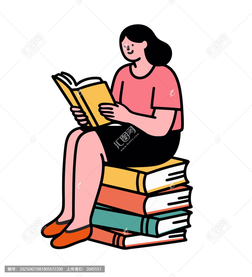 坐在一摞書本上看書的女人插畫手繪