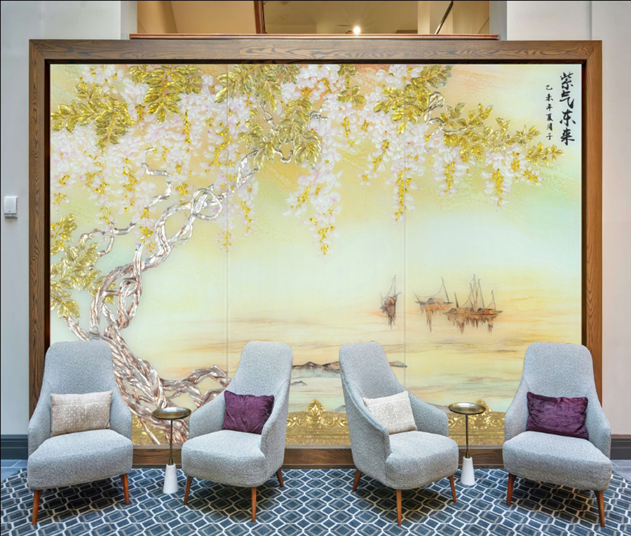 紫氣東來吊蓮背景墻裝飾畫