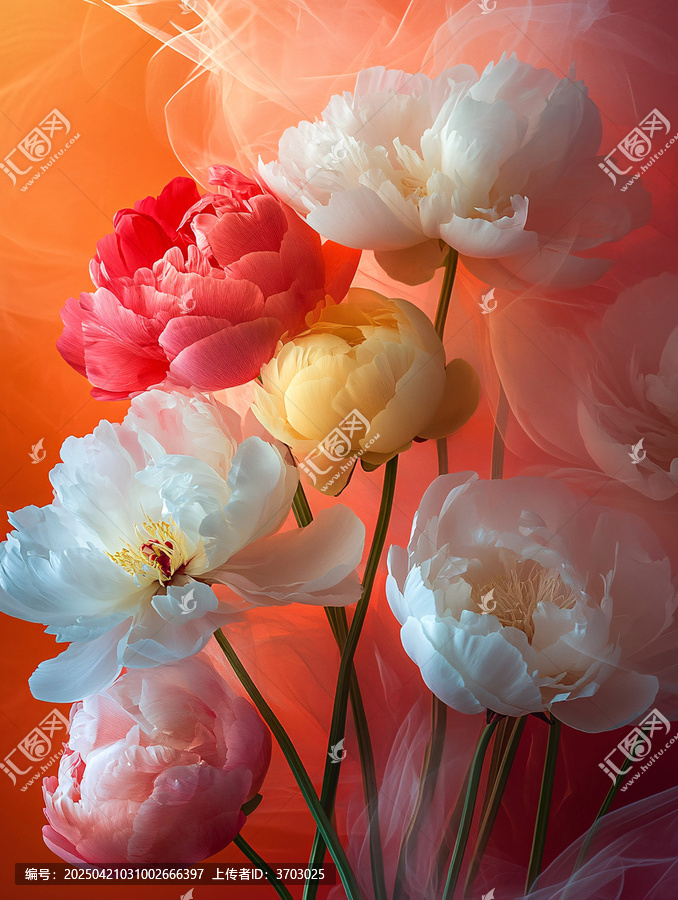 紅黃花白芍藥盛開