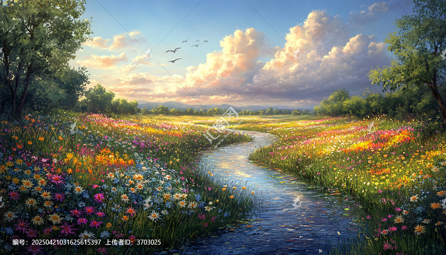 綠意花朵蜿蜒河