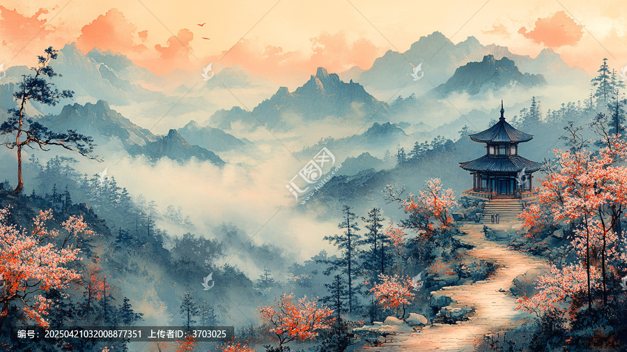 山徑櫻花暮色寺廟