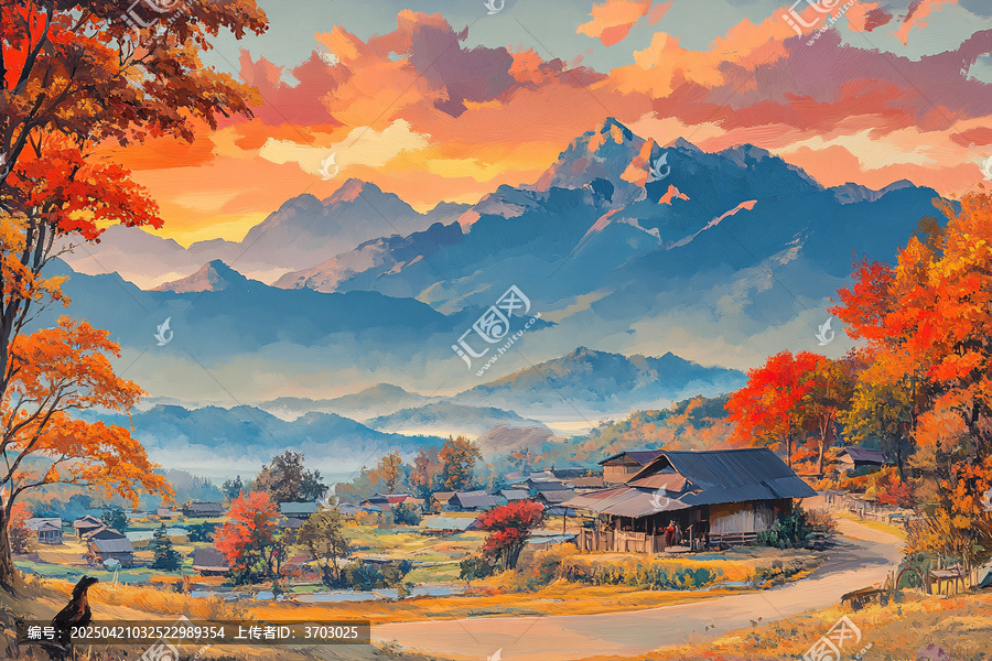 秋葉晚霞映山谷