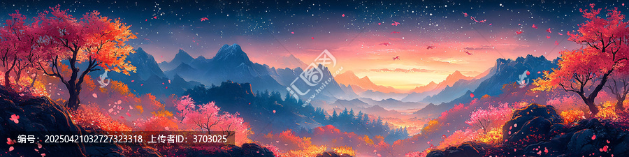 櫻花盛開山景圖