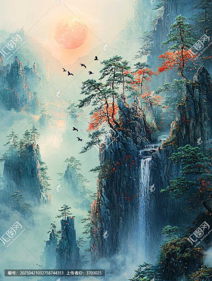 春夜山景月鳥圖