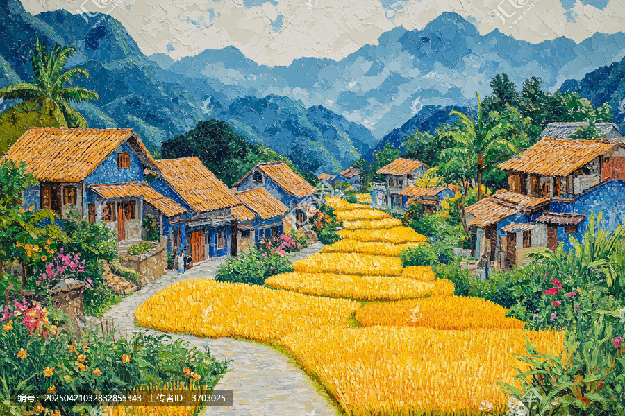 稻田房屋山景畫