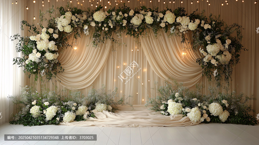 婚禮舞臺背景奶油亞麻白花