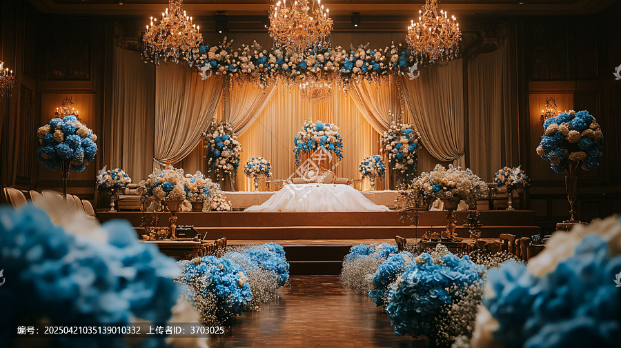 婚禮舞臺(tái)裝飾藍(lán)色白色花朵
