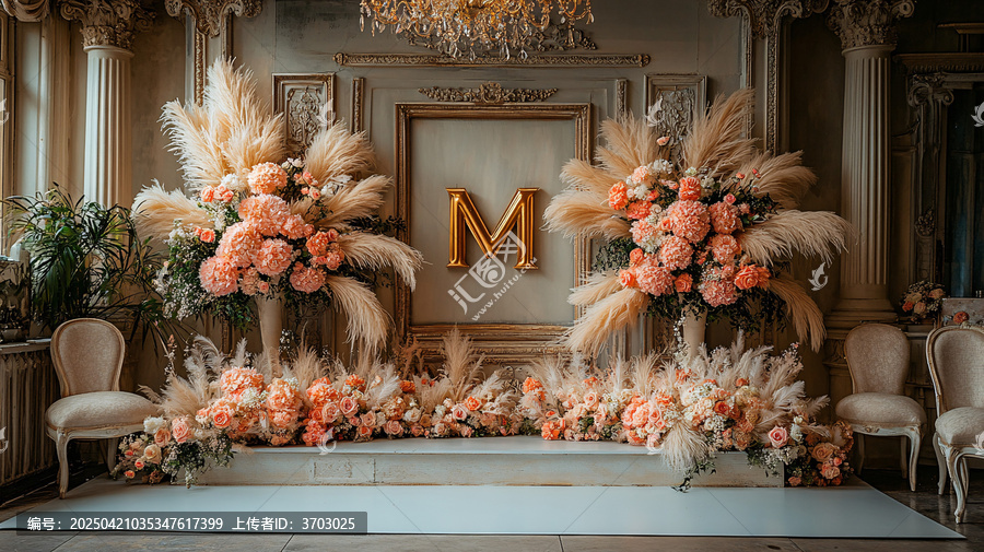 婚禮背景墻與花卉羽毛裝飾
