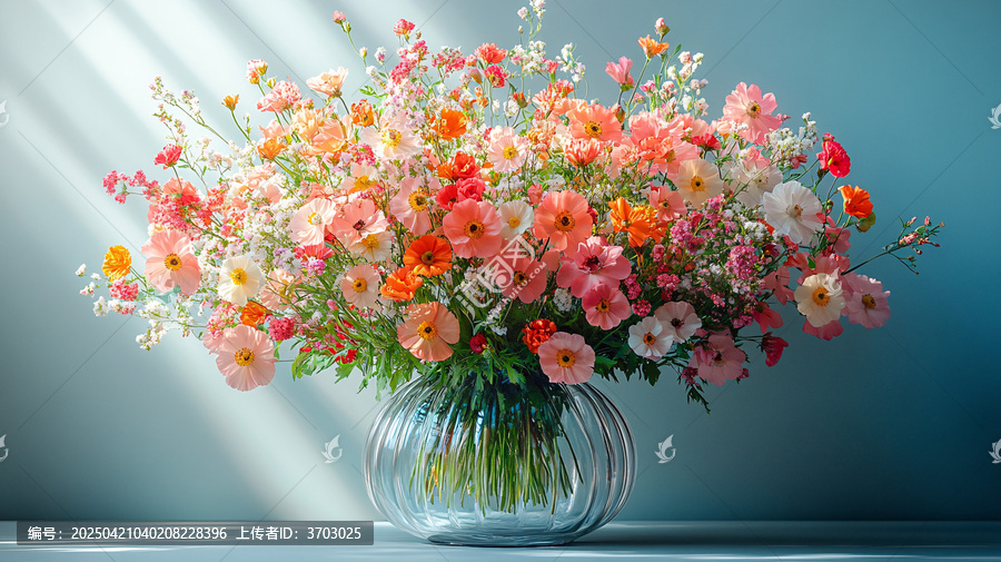 花朵在透明花瓶中的自然排列