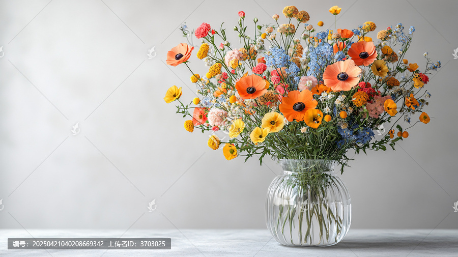 花朵在透明花瓶中的自然排列