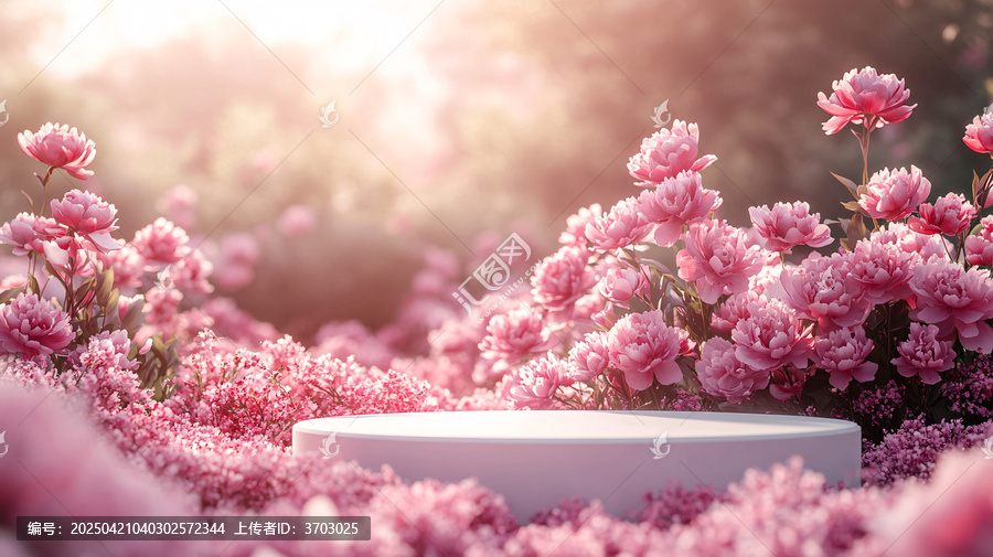 白色展臺與牡丹花田背景