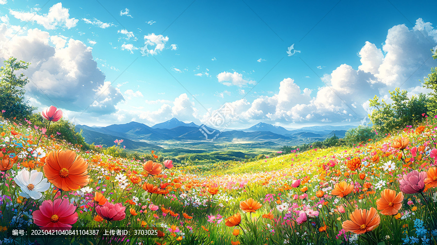 藍天白云綠草花海