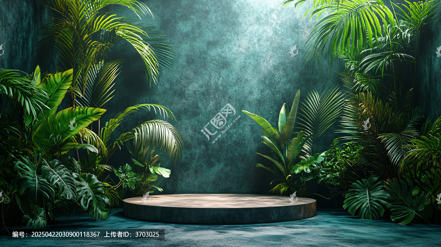圓柱展示臺與棕櫚葉裝飾