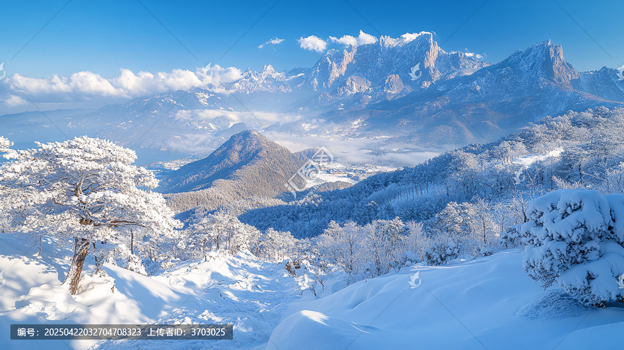 雪中寺廟與山峰