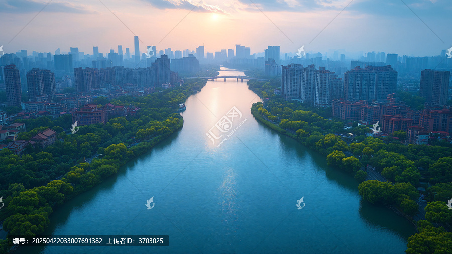 現(xiàn)代化城市中河流與橋梁的壯麗景象