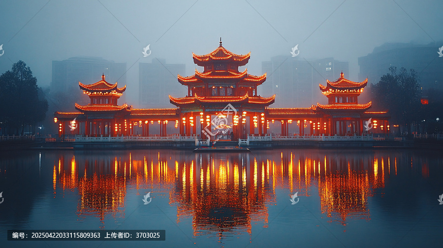 古亭燈火映河面游船賞燈夜景如畫
