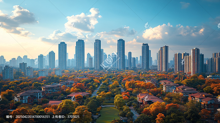 城市道路邊的摩天大樓全景