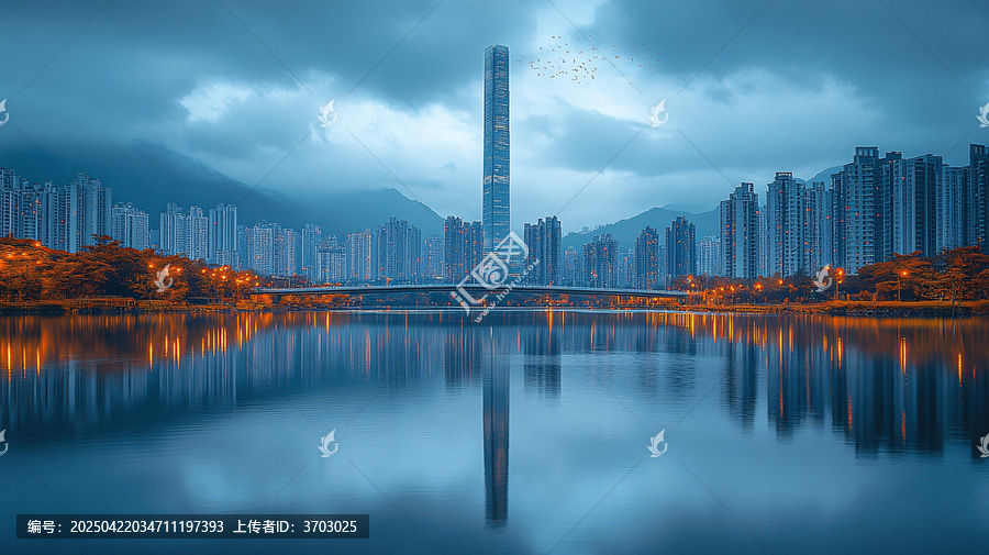 現(xiàn)代都市建筑與水景倒影相映的城市景觀