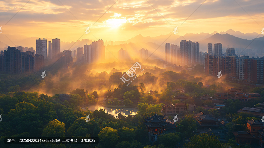 晨曦中的城市全景鳥瞰圖