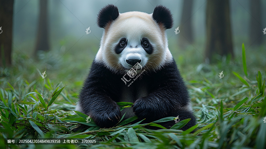 熊貓坐在竹林中進(jìn)食竹葉的可愛模樣