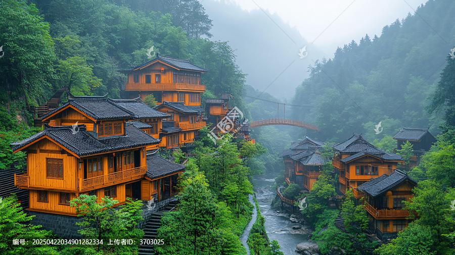 山間的特色木屋建筑風景