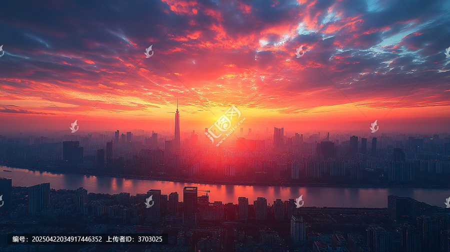 云霧中的城市高樓日出鳥瞰全景