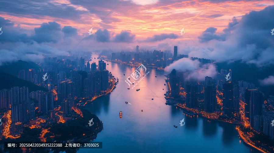燈火輝煌的江邊建筑夜景