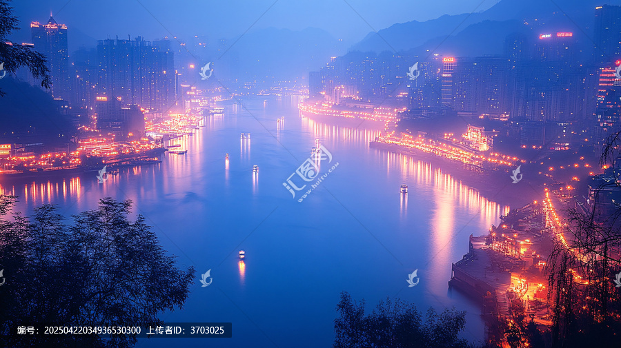 燈火輝煌的江邊建筑夜景