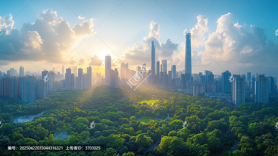 綠樹環(huán)繞的城市摩天大樓全景圖