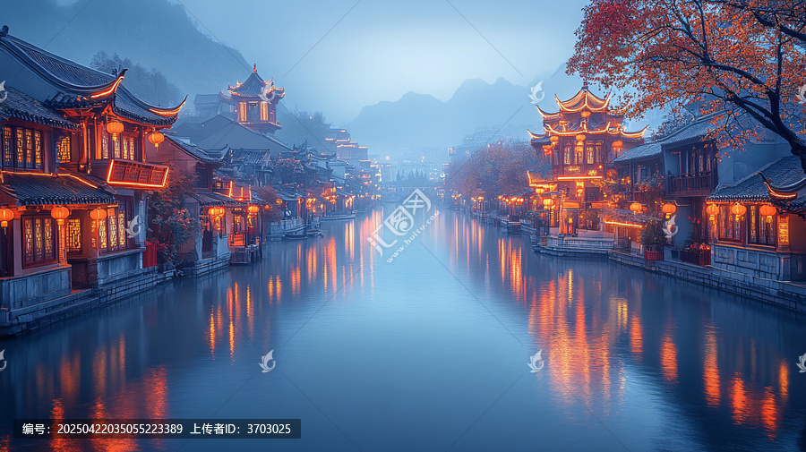 燈火通明的江南水鄉(xiāng)夜景