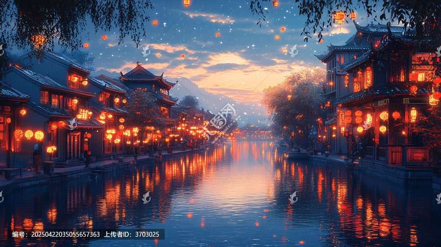 燈火通明的江南水鄉(xiāng)夜景