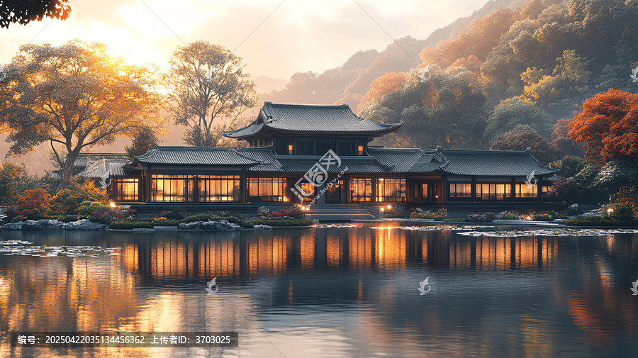 古色古香的中式傳統(tǒng)建筑夜景全景