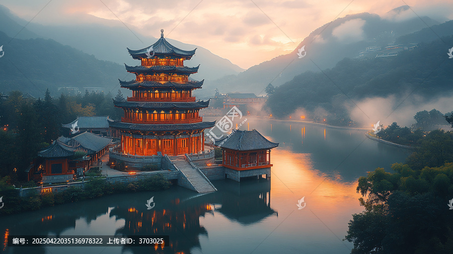 雨夜中的中式古建筑燈火通明