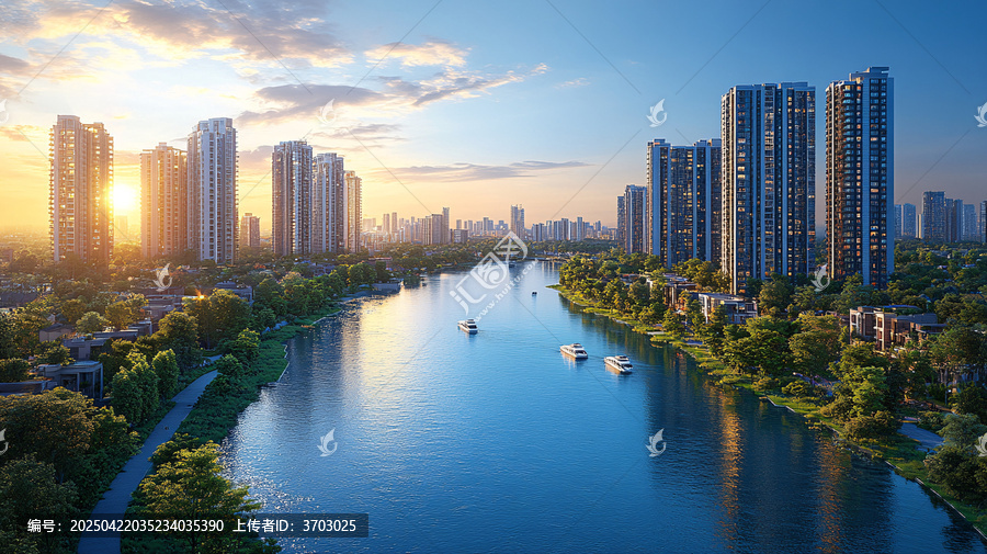 城市河流邊的現(xiàn)代高樓建筑景觀