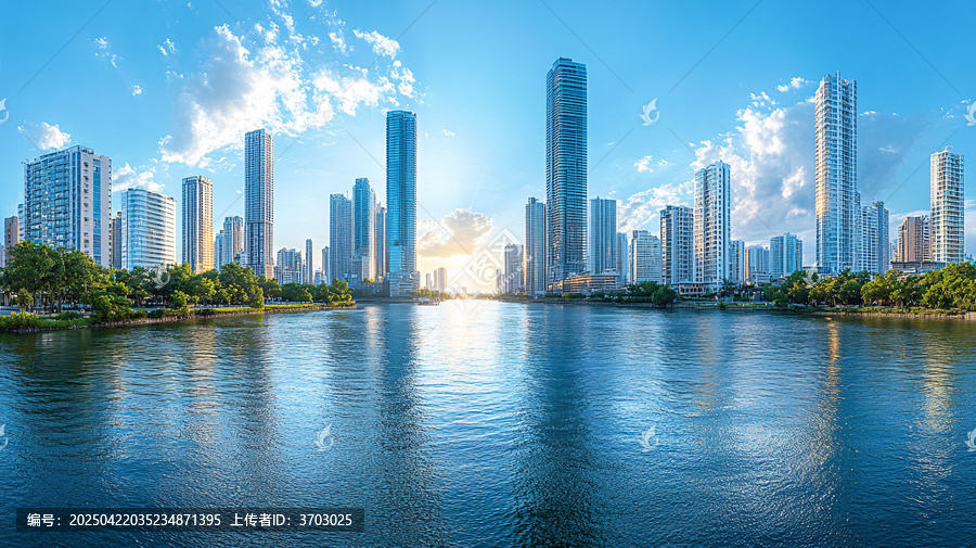 城市河流邊的現(xiàn)代高樓建筑景觀