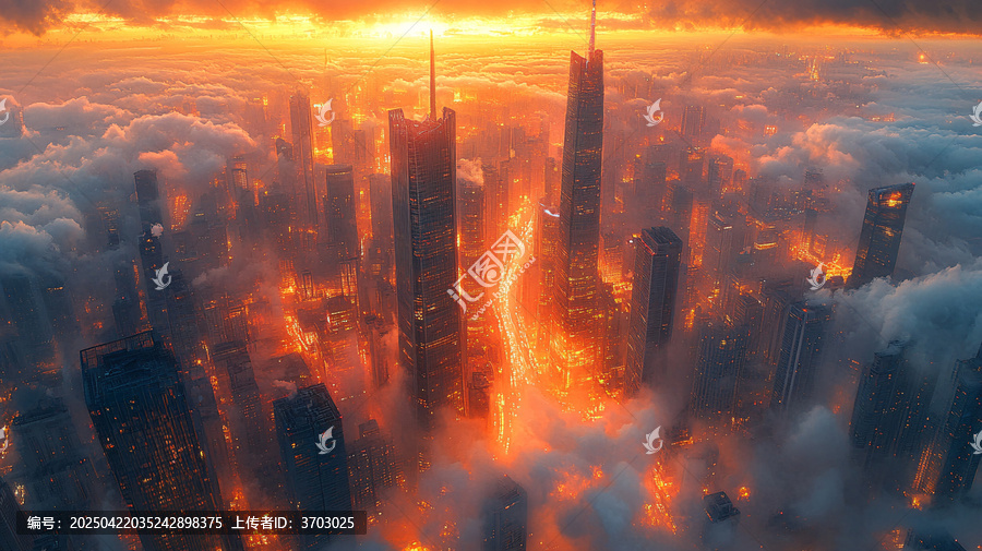 云霧中俯瞰城市摩天大樓的壯麗景象