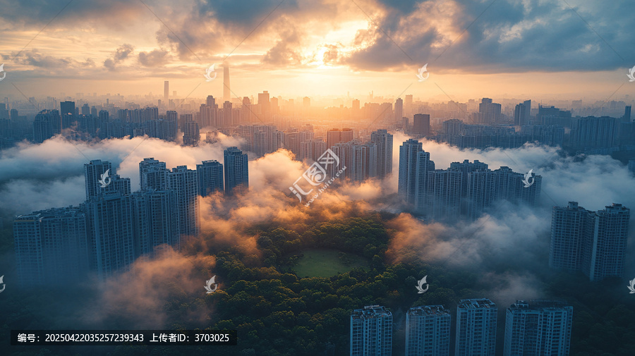 云霧中的城市高樓鳥瞰全景