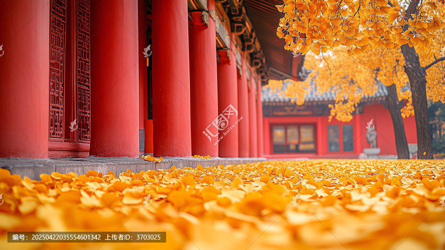 紅墻拱門旁銀杏葉落滿的唯美景致