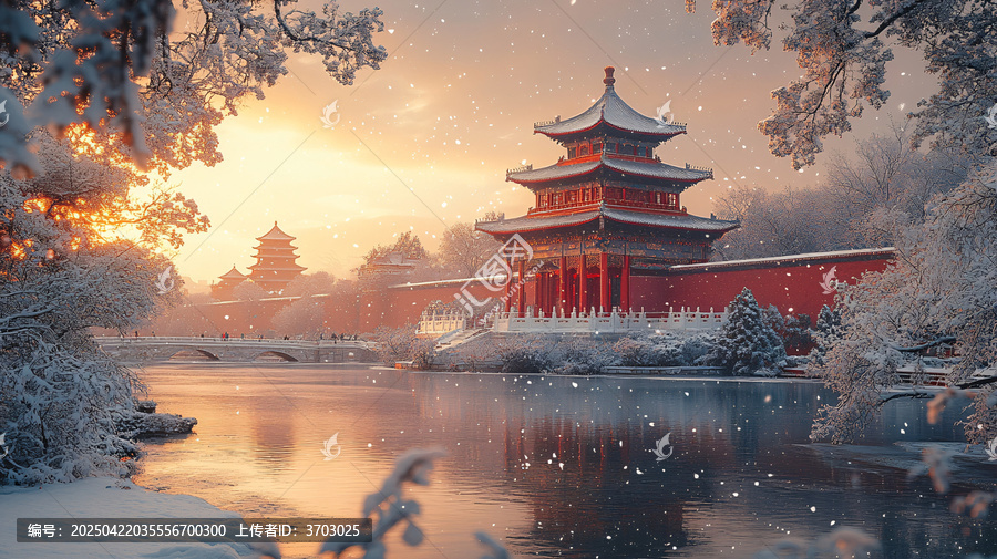 紅墻旁盛開的樹與飄雪構(gòu)成唯美畫面