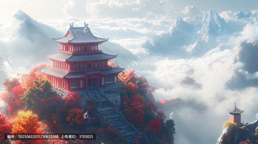山中古亭與雪山秋林構(gòu)成的自然美景