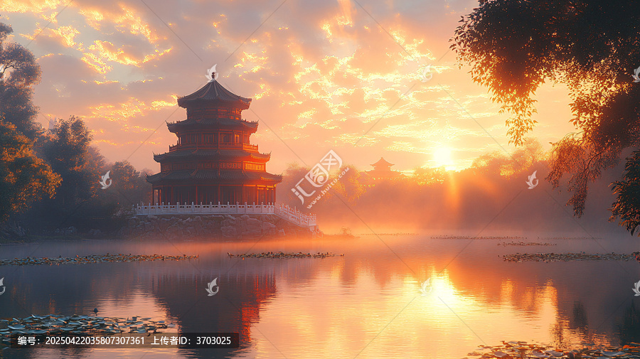 夕陽下的中式古典建筑