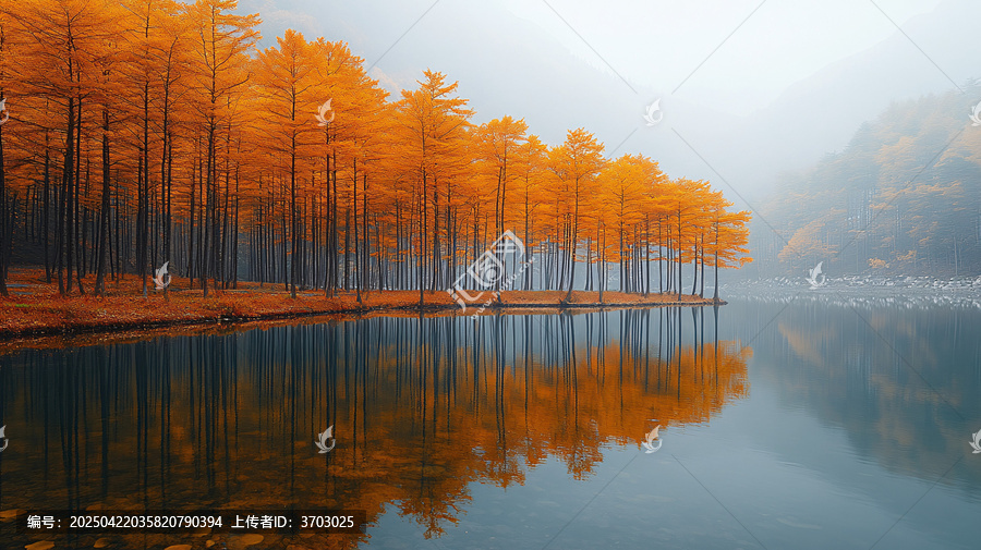 水邊金黃樹(shù)木林立的美麗風(fēng)景