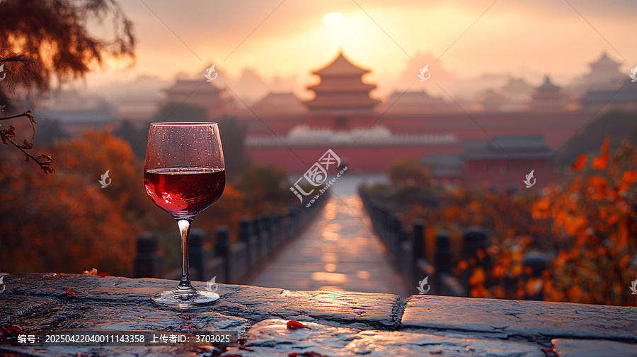 故宮石板路前景中的一杯紅酒